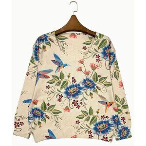 NWT Flying Hummingbirds and Flowers Cream Spring V-Neck Sweater Sizes M, XL